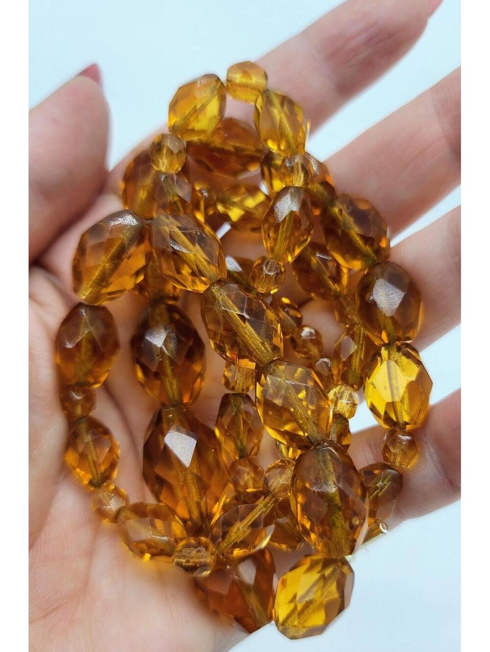 Vintage Czech Amber Glass Necklace, Art Deco, Honey/Topaz Faceted Crystal Beads